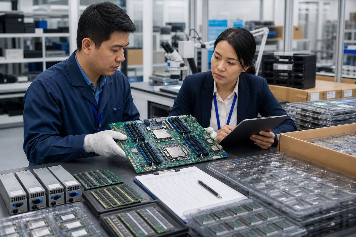 Procurement and quality staff inspecting AI server PCBs and components
