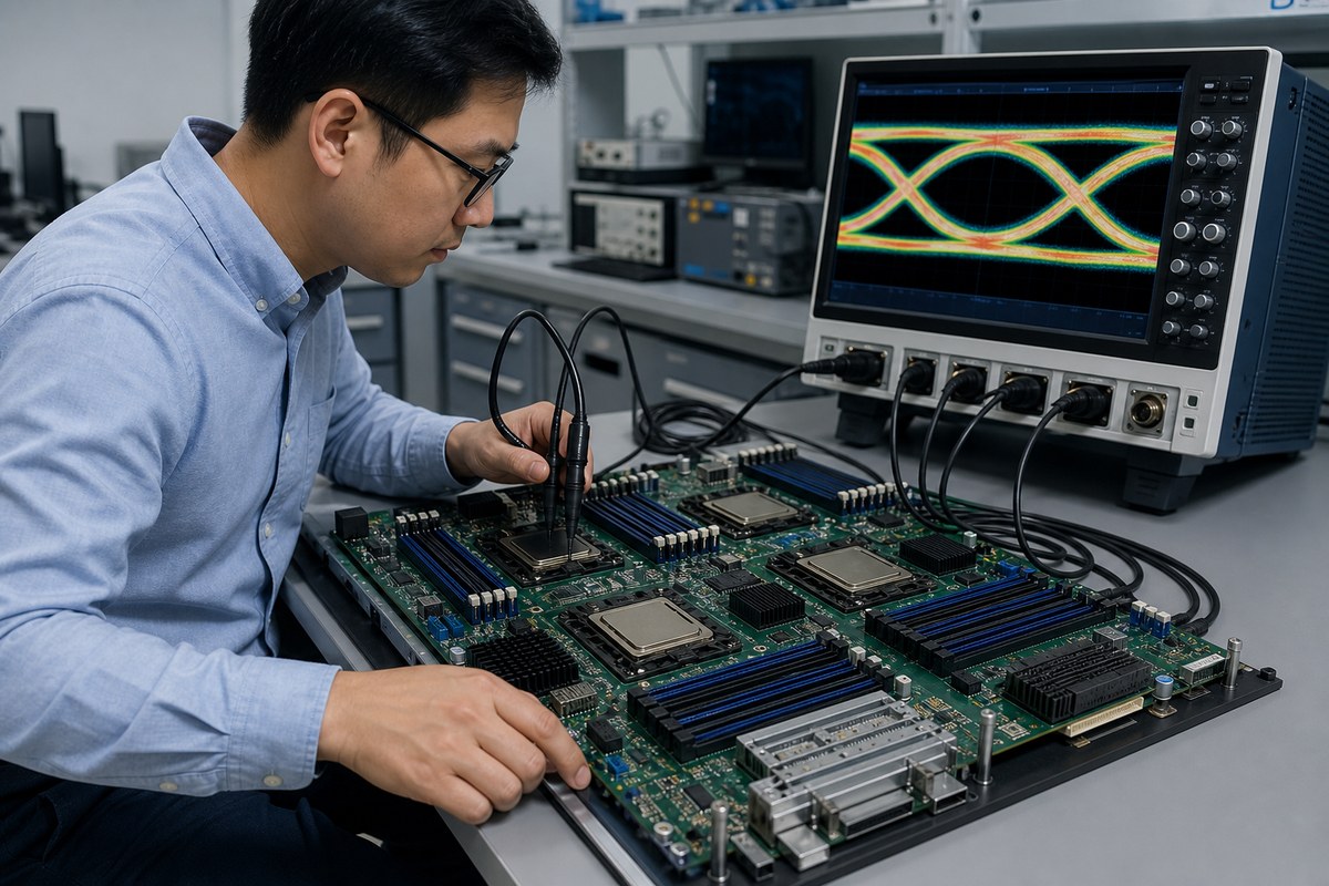 Engineer measuring signal integrity on an AI server PCB with an oscilloscope eye diagram