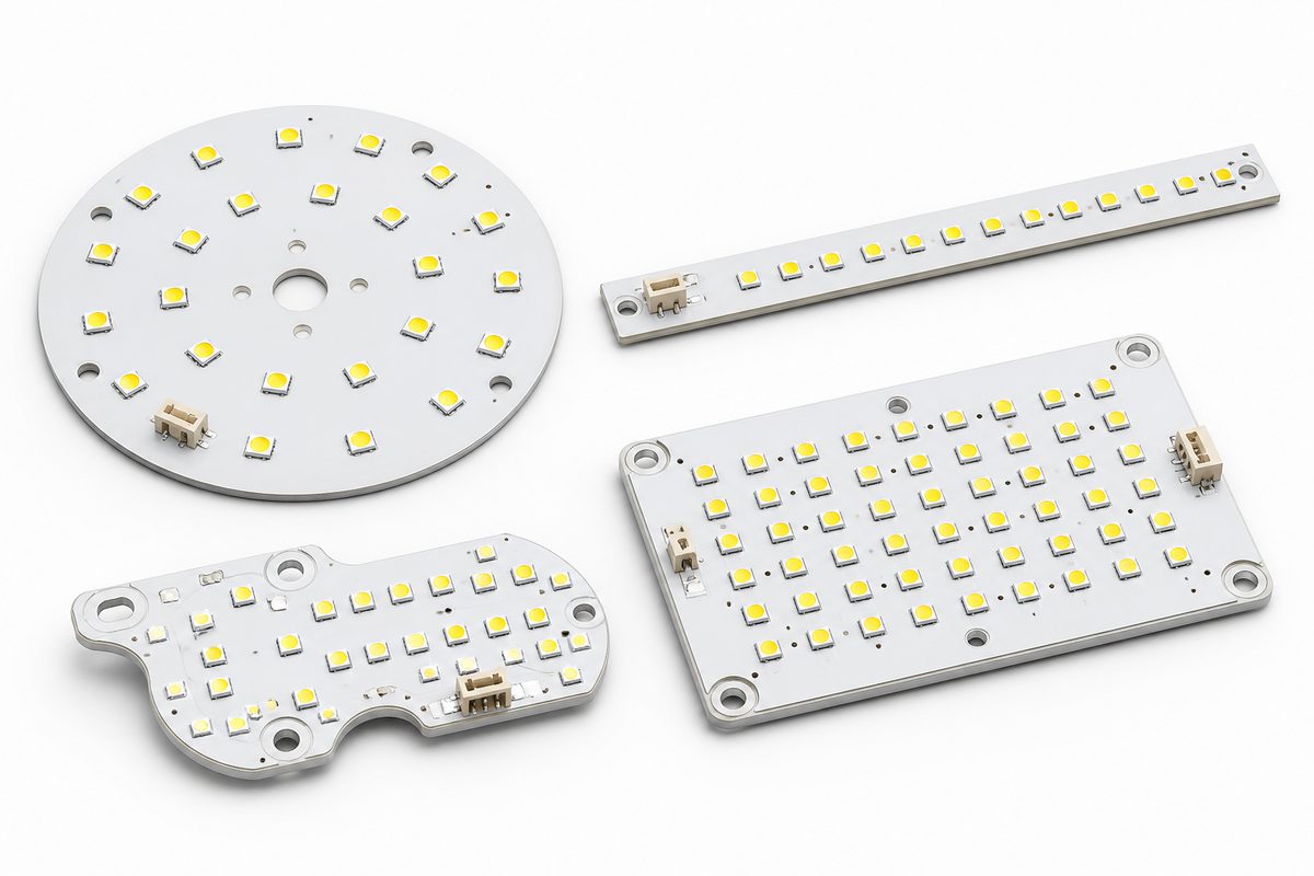 Round linear rectangular and custom-contour aluminum LED module boards for different lighting applications