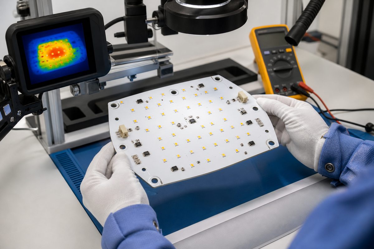 Engineer inspecting an assembled aluminum LED module with optical and thermal test equipment