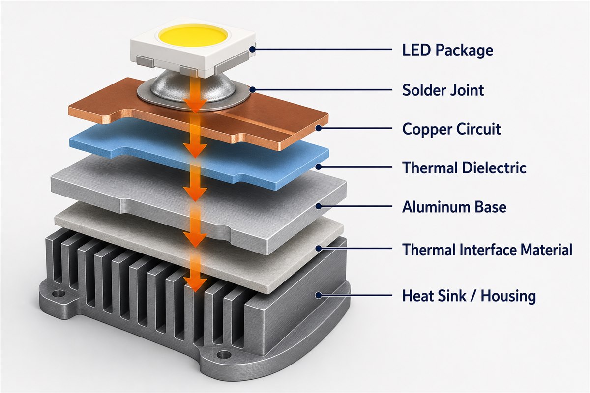 Aluminum PCB LED Module Light stack-up structure showing the LED package, solder joint, copper circuit, thermal dielectric, aluminum base, thermal interface material, and heat sink