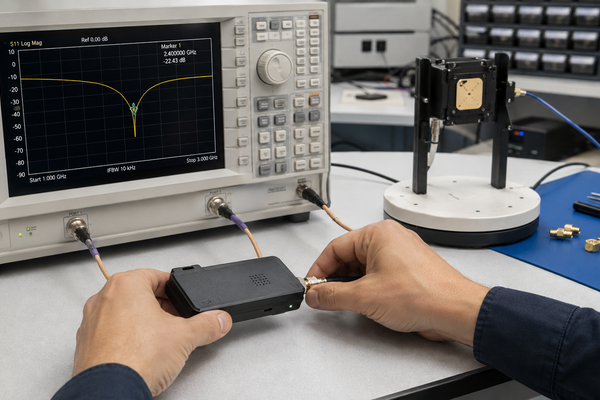 RF engineer testing an embedded antenna with a vector network analyzer