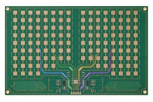 Top view of a planar antenna array PCB with four highlighted matched RF feed channels