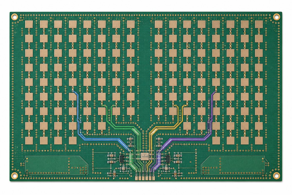 Top view of a planar antenna array PCB with four highlighted matched RF feed channels
