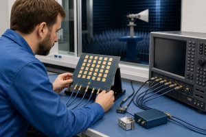 RF engineer testing an array antenna PCB with a VNA before OTA validation