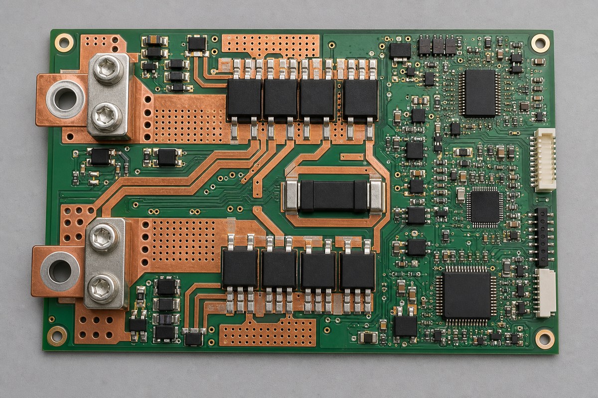 Battery BMS PCB showing wide heavy copper paths, MOSFETs, terminals, and via arrays