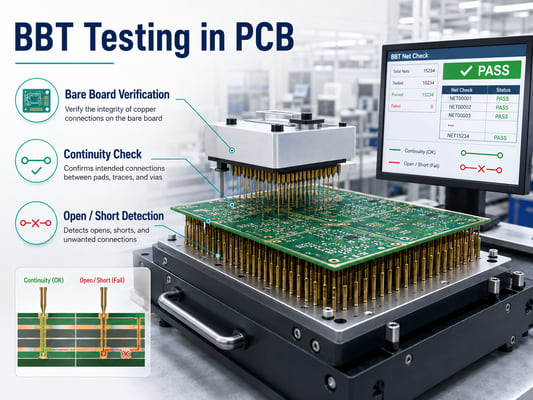 BBT testing in PCB using a bed-of-nails fixture for bare board continuity and open-short detection