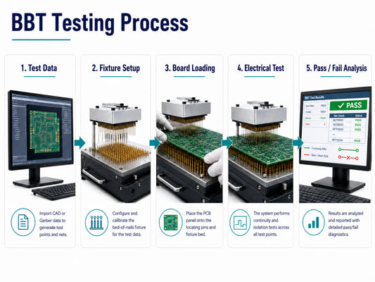 Five-step BBT testing process from test data preparation to pass-fail analysis
