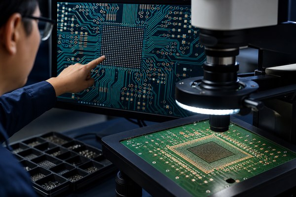BGA PCB Design, engineer comparing dog-bone microvia and via-in-pad fanout options