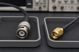 Separate BNC and SMA male cable connectors on an RF engineering bench