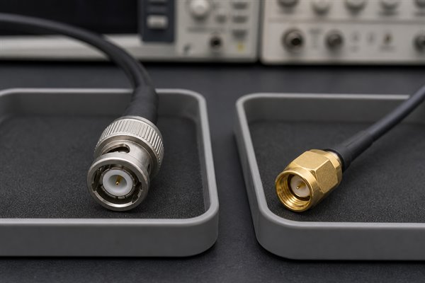 Separate BNC and SMA male cable connectors on an RF engineering bench