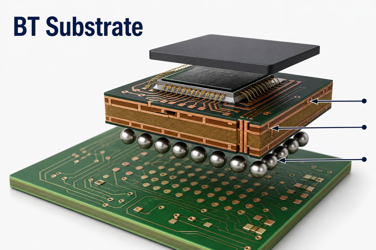 BT Substrate cutaway showing an IC die, copper routing layers, laminate core, microvias, solder balls, and system PCB
