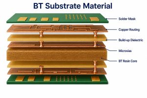 BT Substrate Material exploded view with copper routing, BT resin core, build-up dielectric, microvias, and solder mask