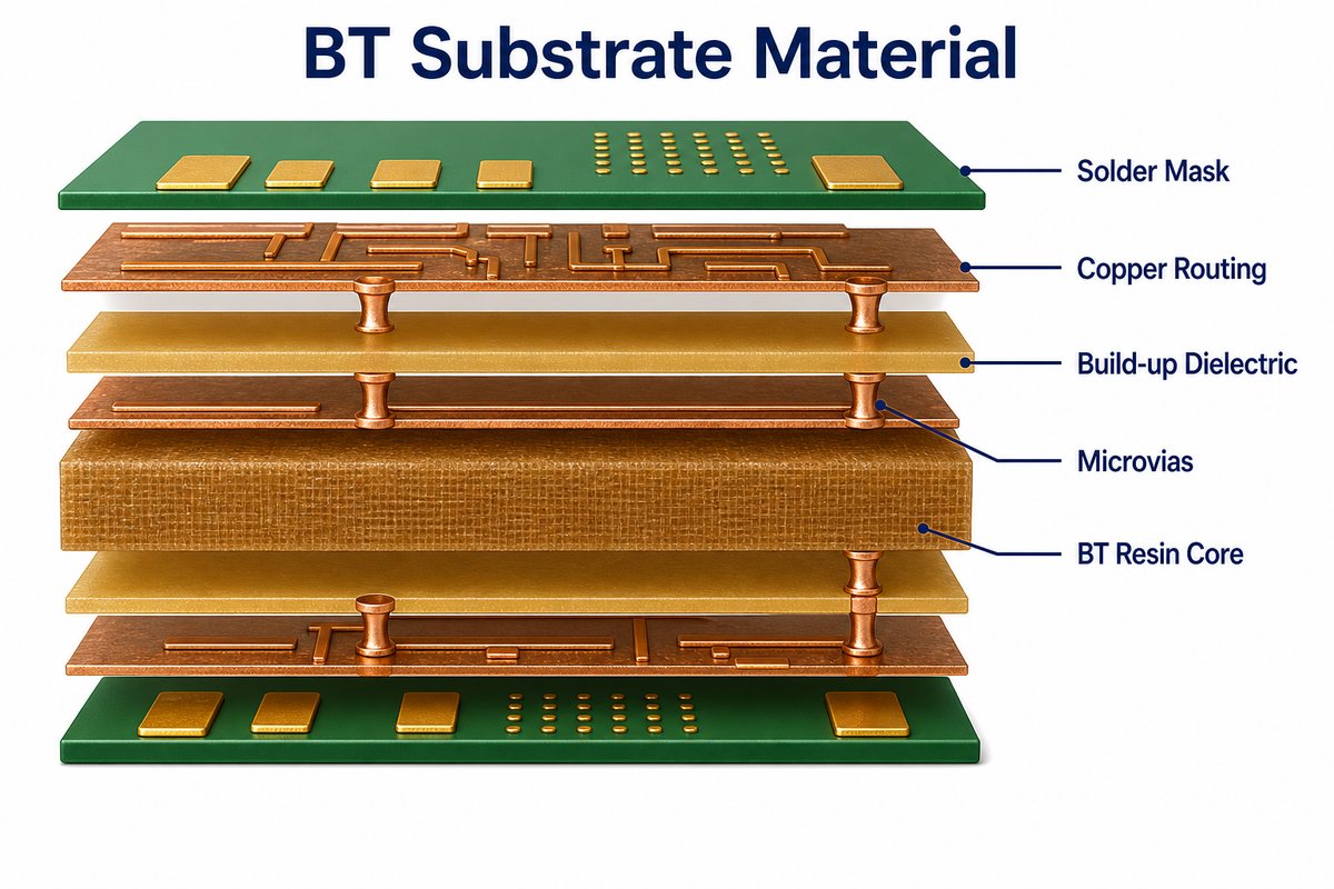 BT Substrate Material exploded view with copper routing, BT resin core, build-up dielectric, microvias, and solder mask