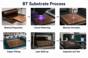 BT Substrate Process from material preparation and circuit patterning through microvias, copper plating, layer build-up, inspection and test