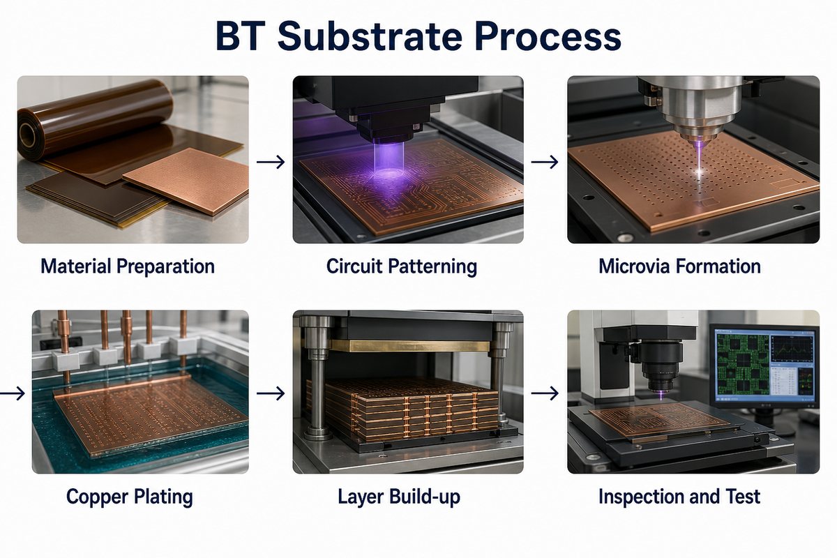 BT Substrate Process from material preparation and circuit patterning through microvias, copper plating, layer build-up, inspection and test