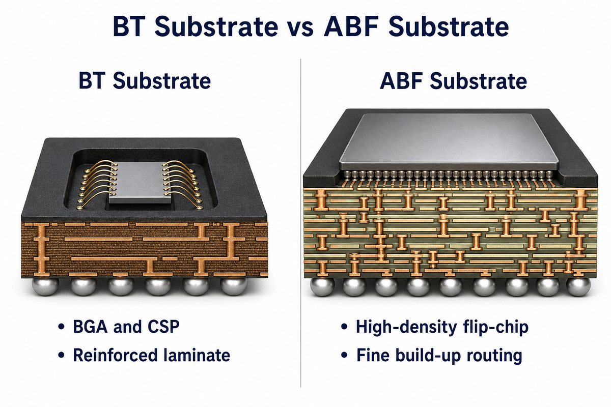 BT Substrate vs ABF Substrate comparison showing wire-bond BGA and high-density flip-chip package structures