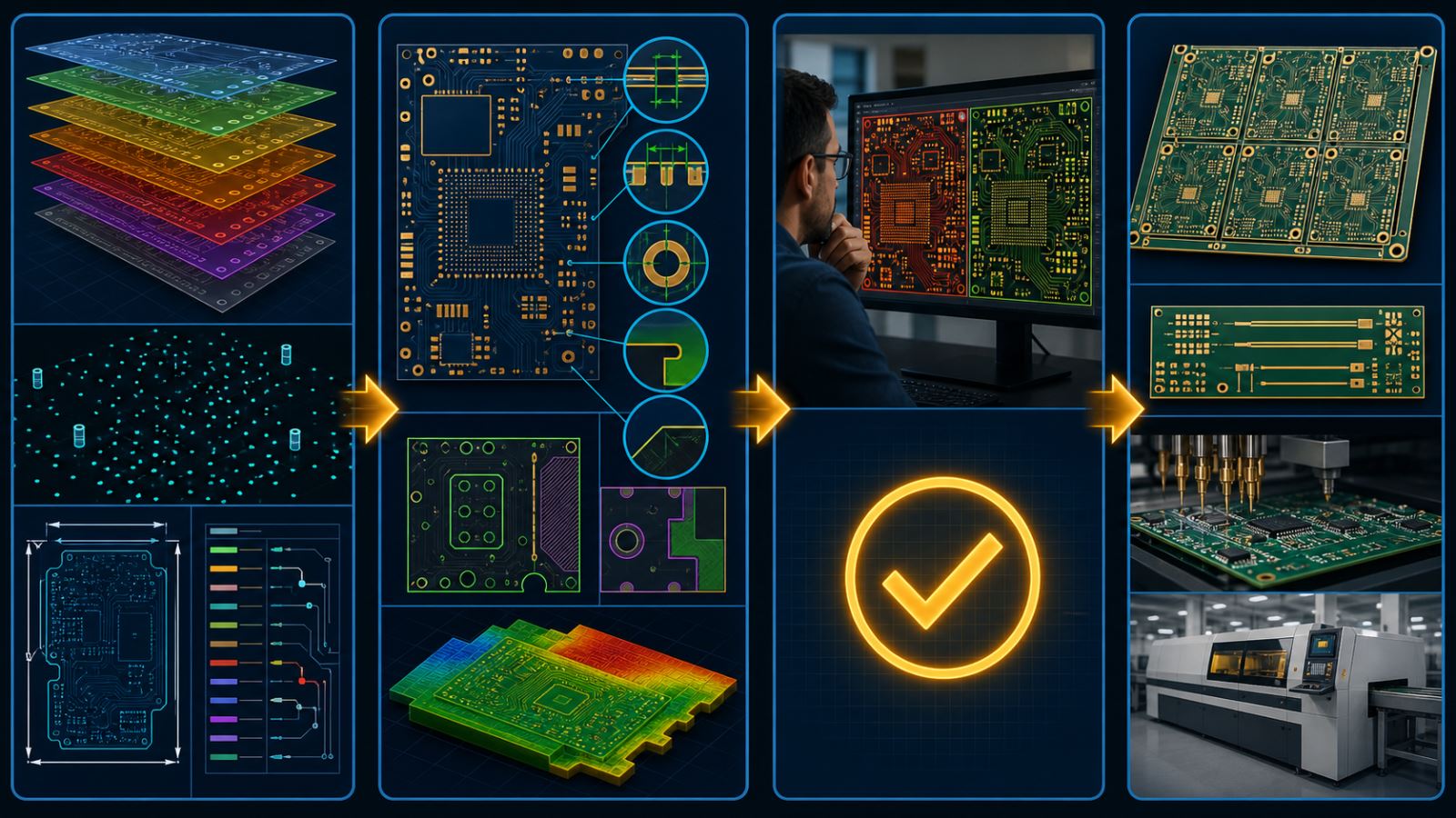 PCB CAM front-end gate map from incoming data through DFM approval tooling and factory release