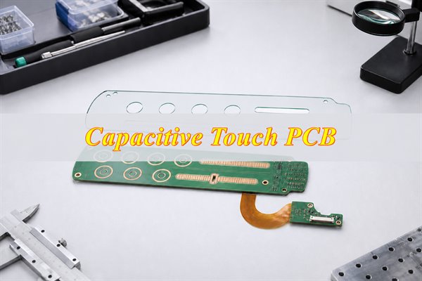 capacitive touch PCB, rigid touch electrode board with flex tail and clear overlay on an engineering bench