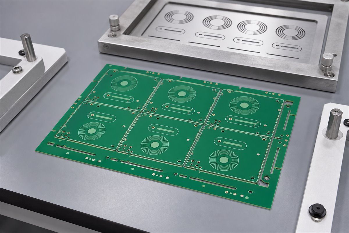 capacitive touch PCB, panelized touch sensor boards beside production tooling