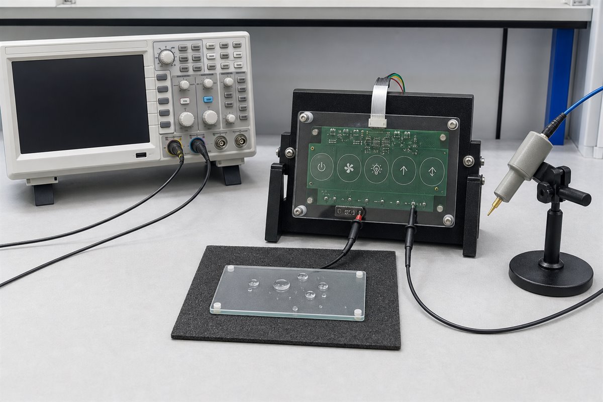 capacitive touch PCB, touch control board in a laboratory fixture with oscilloscope probes and a wet-overlay test coupon