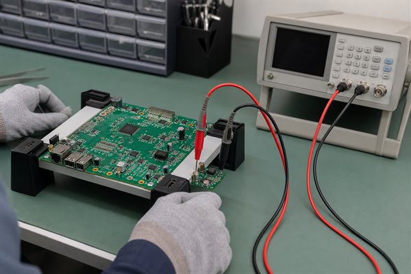 PCB prototype in a fixture connected to laboratory probes for capacitor verification