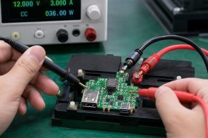 Car charger circuit board, assembled automotive USB charger PCBA in a functional test fixture