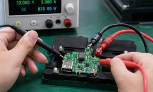 Car charger PCB assembly, dual-port board undergoing manufacturing inspection and functional test