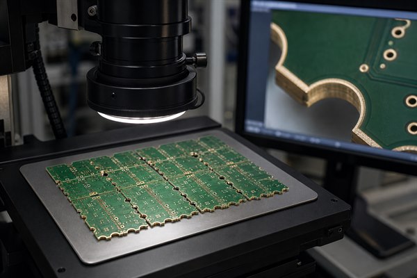 Castellated PCB, plated half-hole panel inspected under an optical microscope