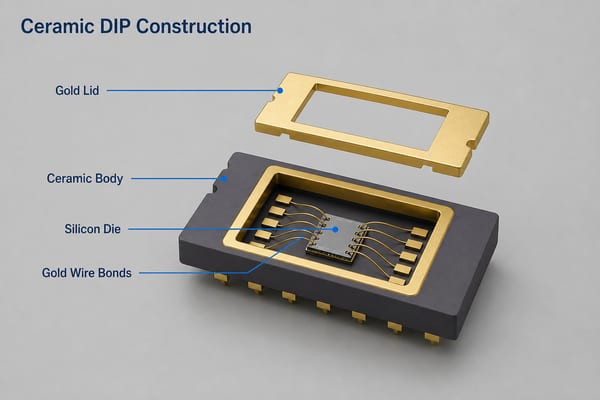 Exploded ceramic integrated circuit package showing the lid, sealing ring, die cavity, and gold wire bonds
