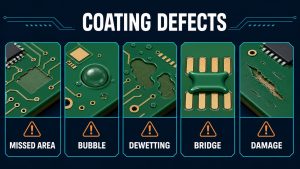 Conformal coating defect map showing missed area bubble dewetting bridge and handling damage