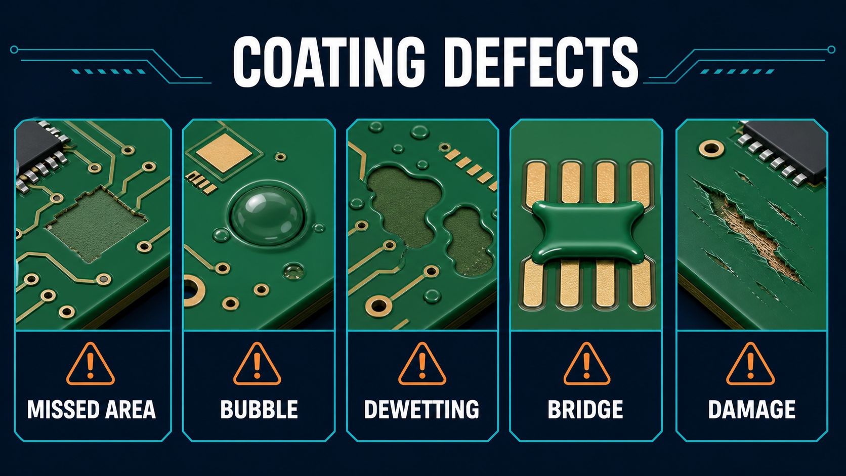 Conformal coating defect map showing missed area bubble dewetting bridge and handling damage