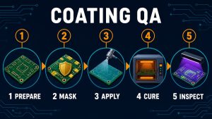 Conformal coating quality flow from preparation and masking to application cure and inspection