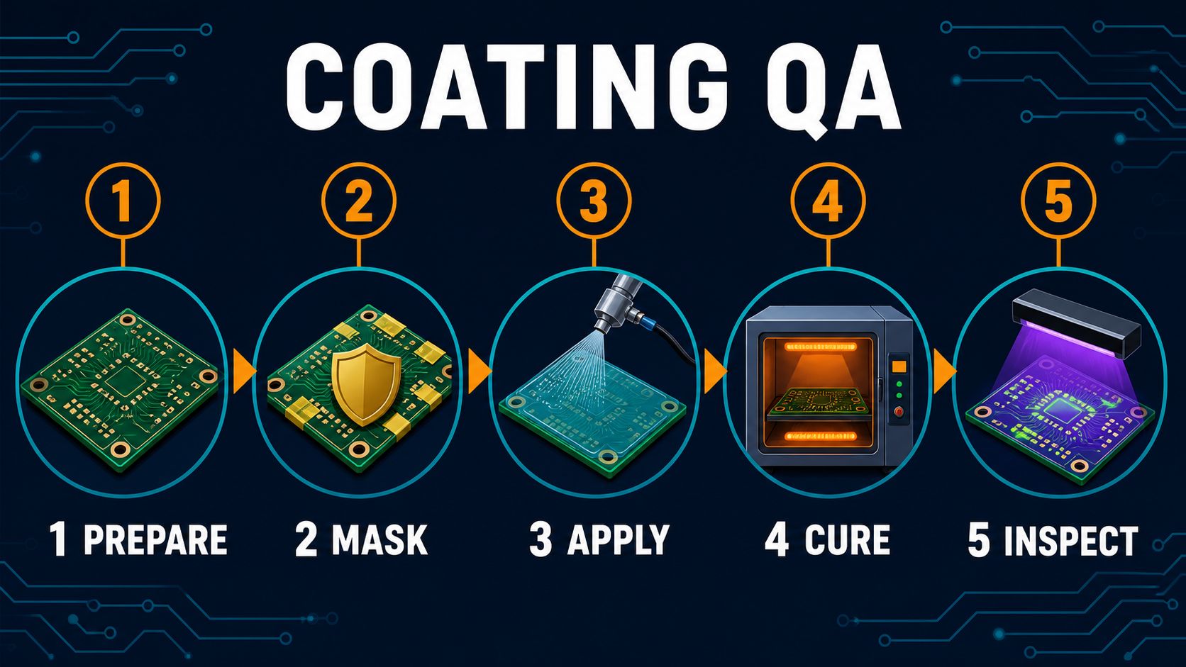 Conformal coating quality flow from preparation and masking to application cure and inspection
