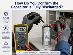 Using a digital multimeter to confirm an HVAC capacitor is fully discharged