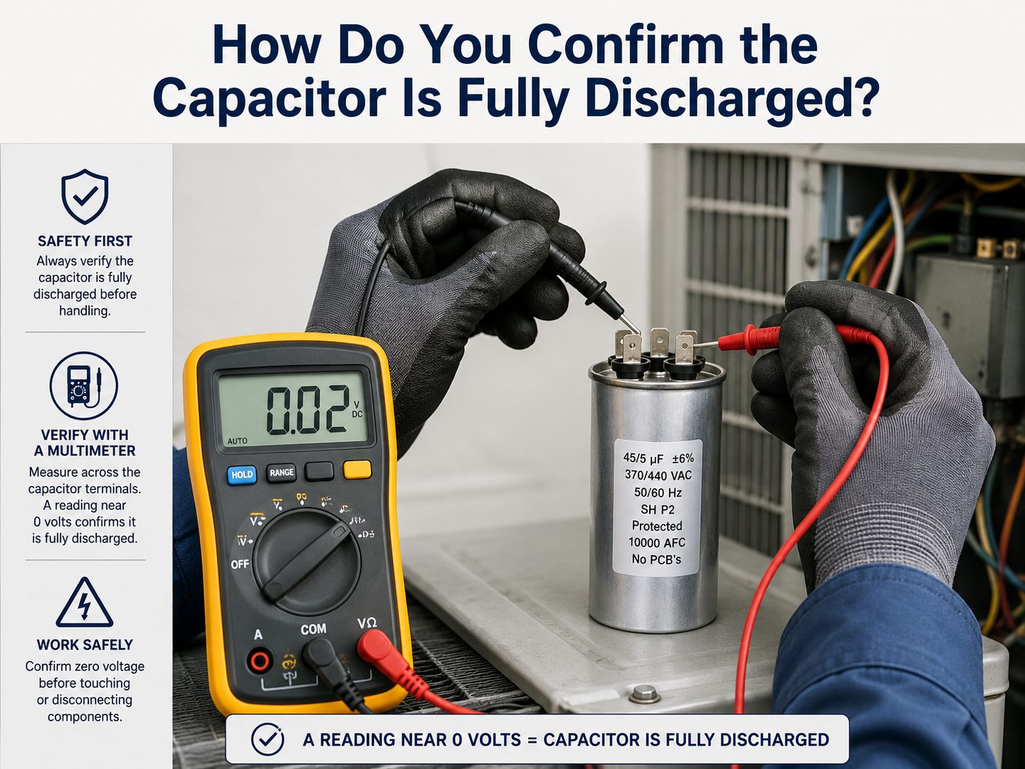 Using a digital multimeter to confirm an HVAC capacitor is fully discharged