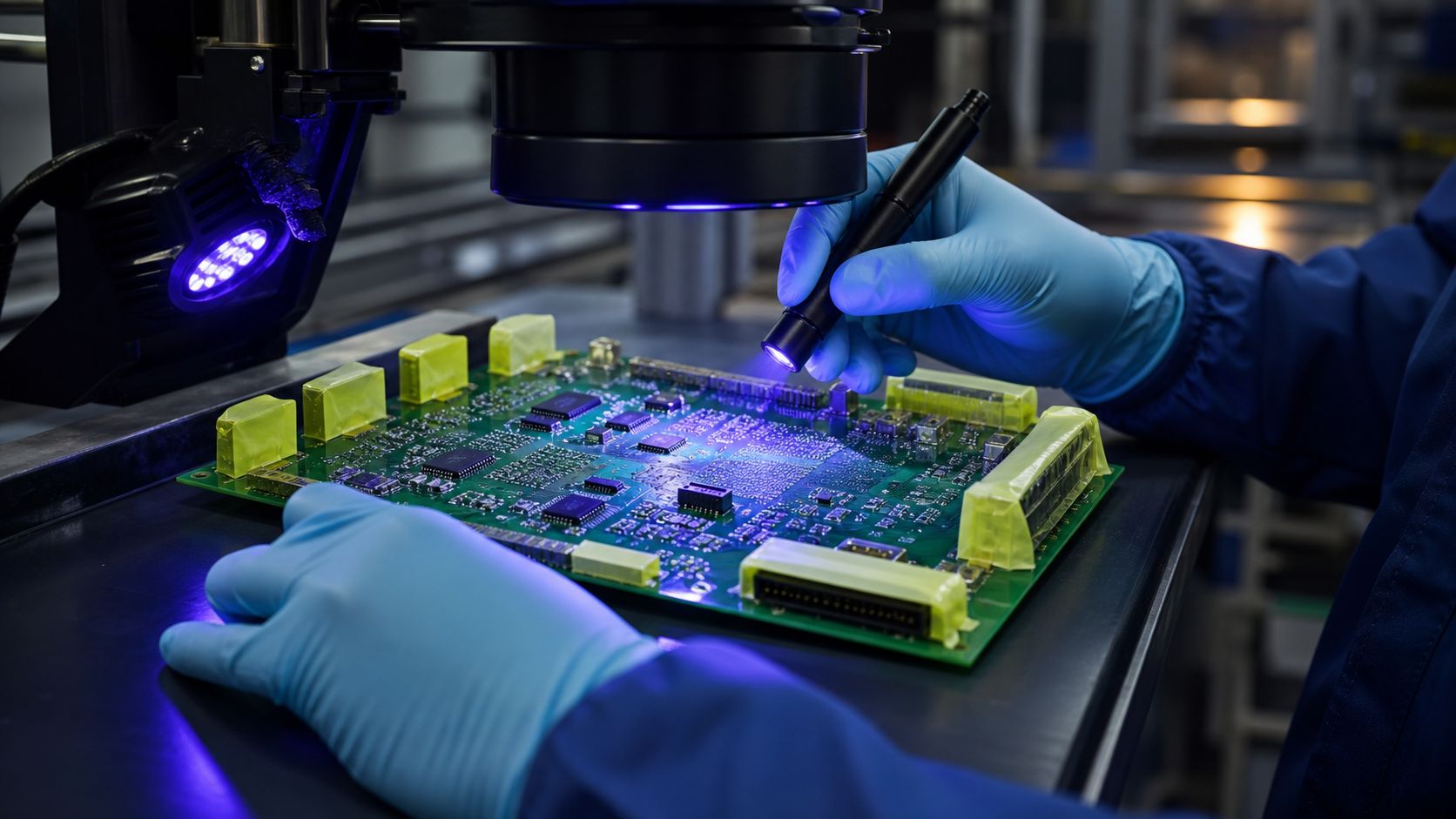 Conformal coating inspection of a PCB assembly under controlled lighting
