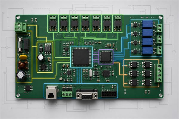 Control board components arranged as protected power, processing, input and output blocks