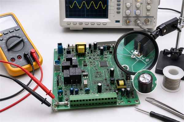 Control board repair inspection with multimeter, oscilloscope and magnified solder joint
