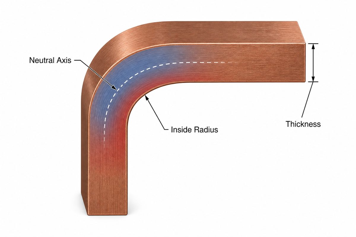 Neutral axis, inside radius, and thickness in a bent copper strip