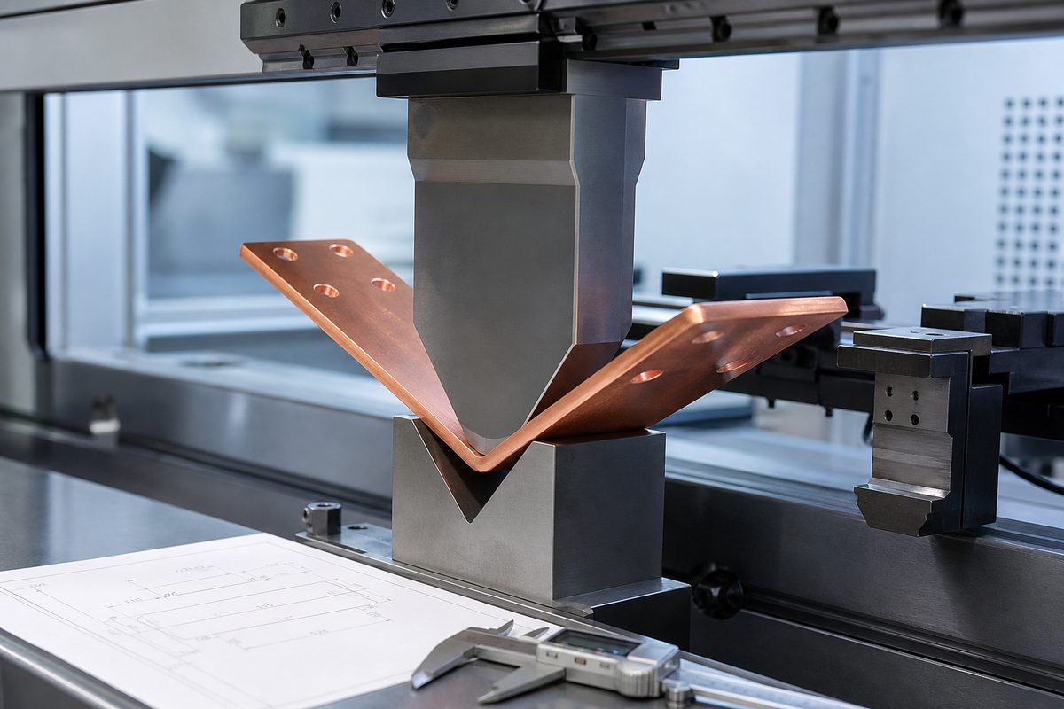 Copper busbar being bent in a precision press brake
