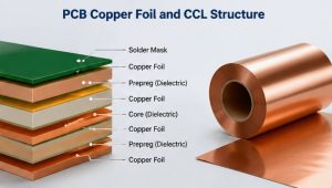 PCB copper foil and CCL structure with solder mask, prepreg, core, and copper layers