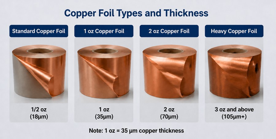 Copper foil types and thicknesses from half-ounce to heavy copper foil