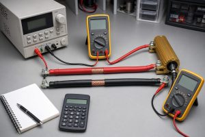 Copper wire voltage-drop test with source, load, and multimeters