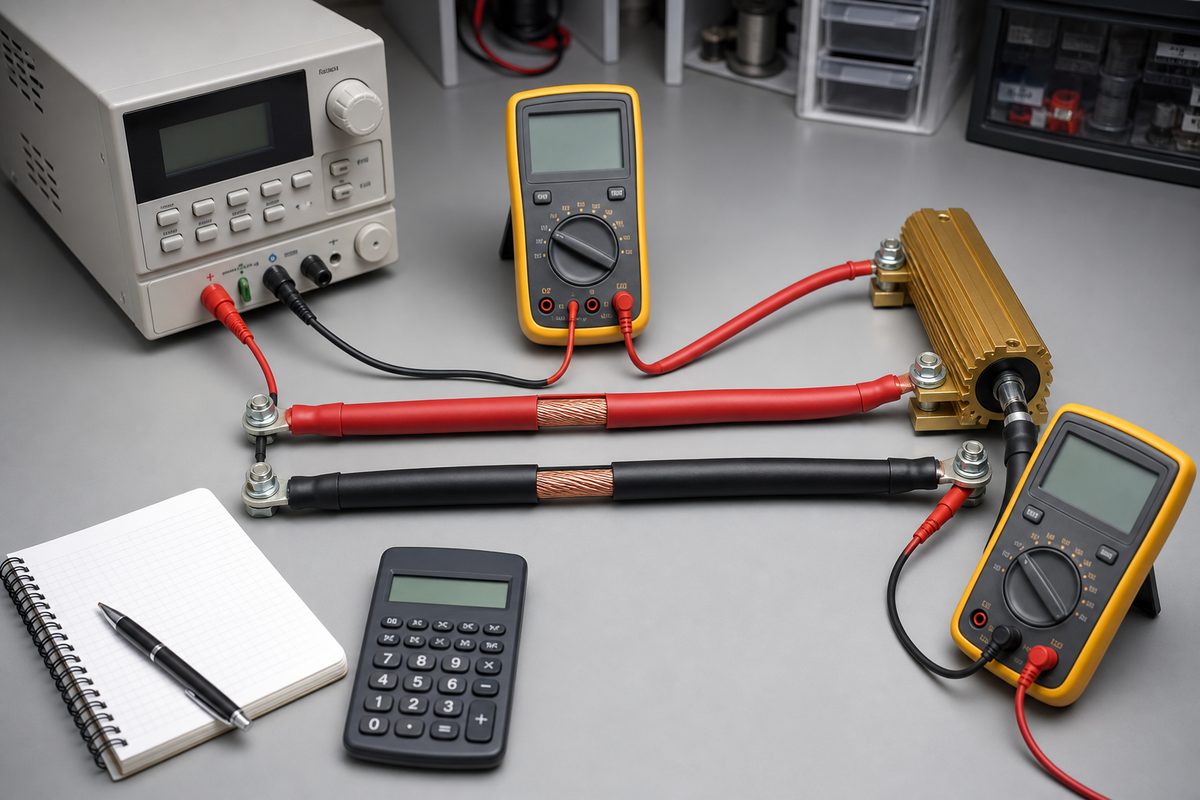 Copper wire voltage-drop test with source, load, and multimeters