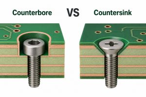 3D comparison of counterbore and countersink holes with matching screws in a multilayer PCB