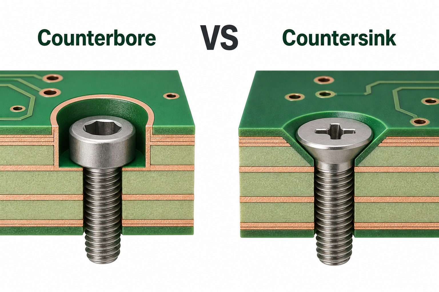 3D comparison of counterbore and countersink holes with matching screws in a multilayer PCB
