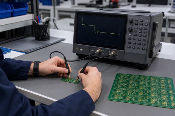 Differential pair PCB, technician verifying an impedance coupon with TDR test equipment