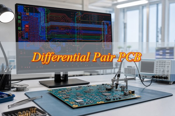 Differential pair PCB, engineer reviewing paired high-speed traces on a PCB layout workstation