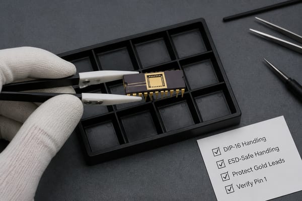 Gloved operator handling a dark ceramic DIP-16 package with ceramic-tip tweezers on an ESD-safe work surface